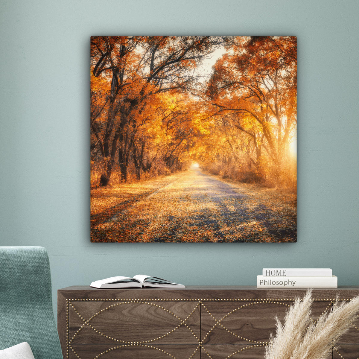 LEINWANDBILD Wald - Herbst - Bäume - Waldweg - Natur Deko Groß 90x90 cm - Bernsteinfarben, Textil (90/90cm) - MuchoWow