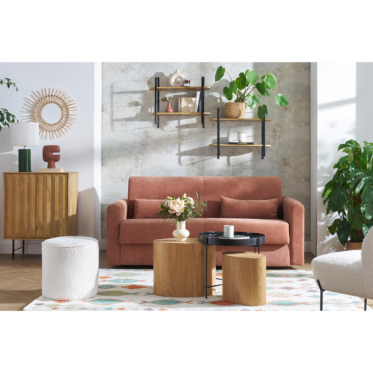 WANDREGAL Massives Mangoholz Schwarzes Metall B70 cm AKINA - Eiche Bianco, Holz (25/60/70cm) - Miliboo