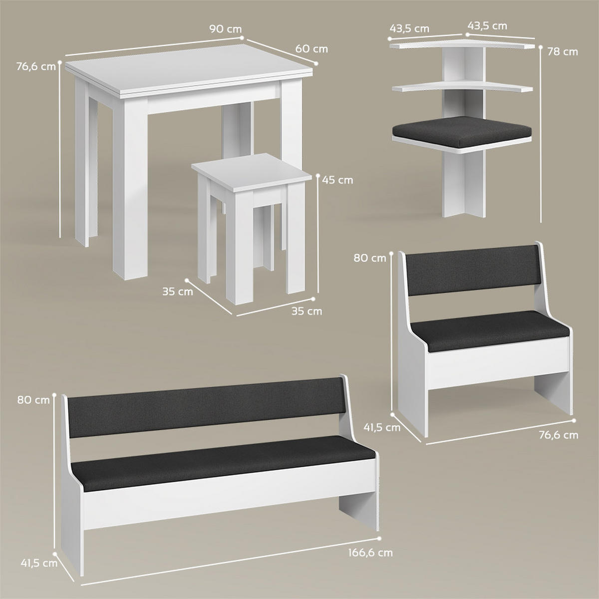 ECKBANKGRUPPE Tiberio Weiß 210 x 120 cm mit Tisch - Weiß, Holzwerkstoff (210/80/120cm) - Livinity®