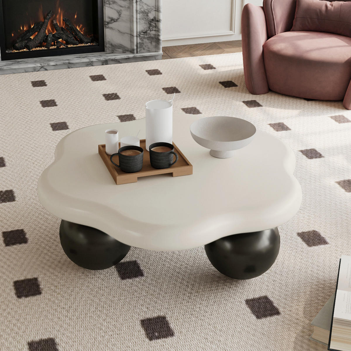 COUCHTISCH DE-37330 wolkenförmig mit Petal-Design und Kugelfüßen Weiß/Schwarz - Schwarz/Weiß, Holzwerkstoff (79/79/31cm) - ComfortXL