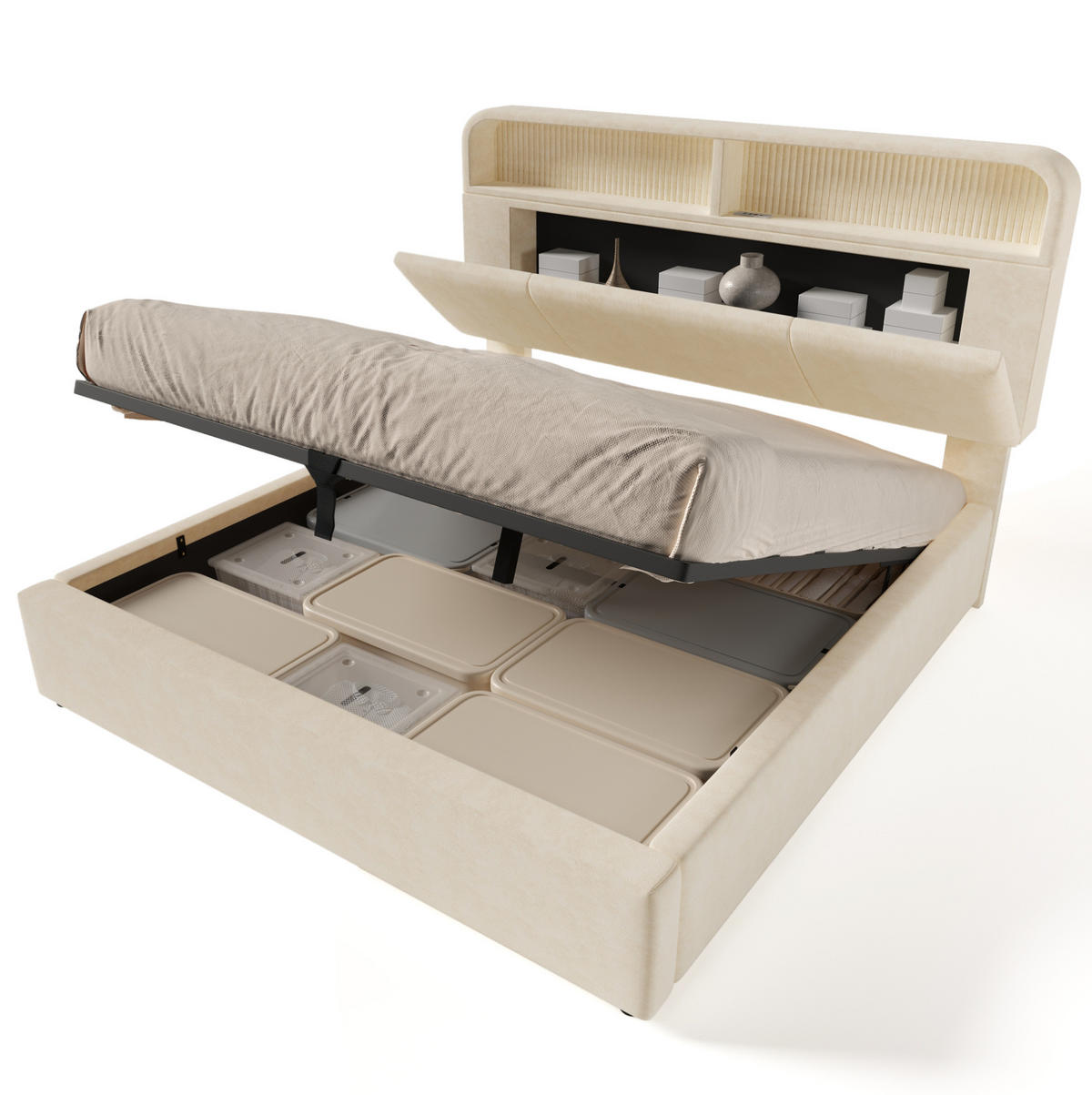 POLSTERBETT 160/200 cm Beige mit höhenverstellbarem Stauraum-Kopfteil und Matratze - Beige, Textil (160/200cm) - OKWISH