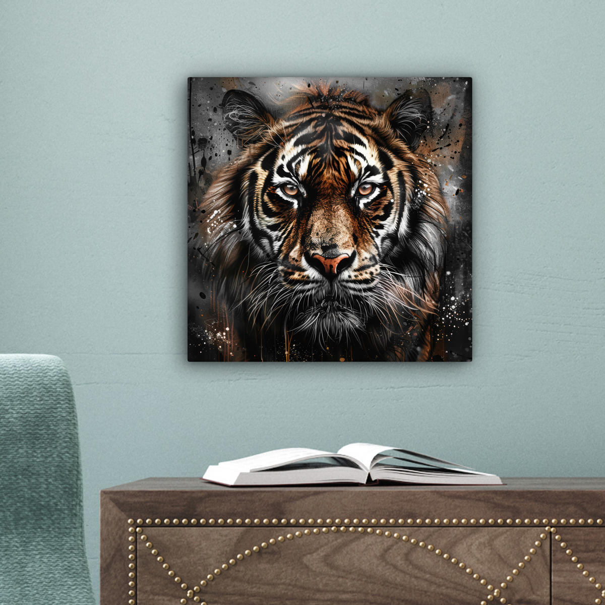 LEINWANDBILD Tiger - Tiere - Porträt - Luxus - Schwarz Deko Wohnzimmer 20x20 cm - Anthrazit, Textil (20/20cm) - MuchoWow