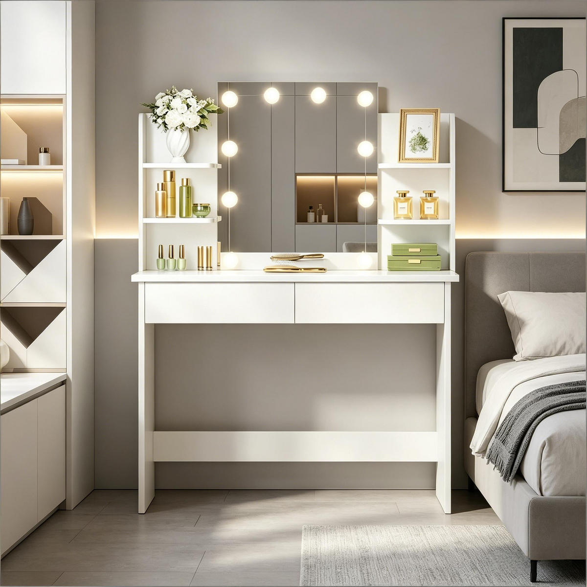 SCHMINKTISCH mit LED-Spiegel und viel Stauraum, weiß, 90×40× - Weiß, Kunststoff (40/135/90cm) - Vallsero