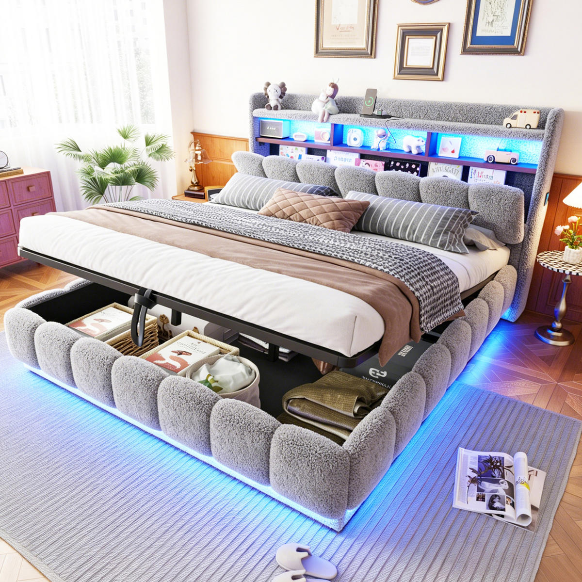 POLSTERBETT 180/200 cm aus Stoff und Metall mit LED-Lichtleiste, USB-Anschluss, Grau - Grau, Textil (180/200cm) - OKMYHOME