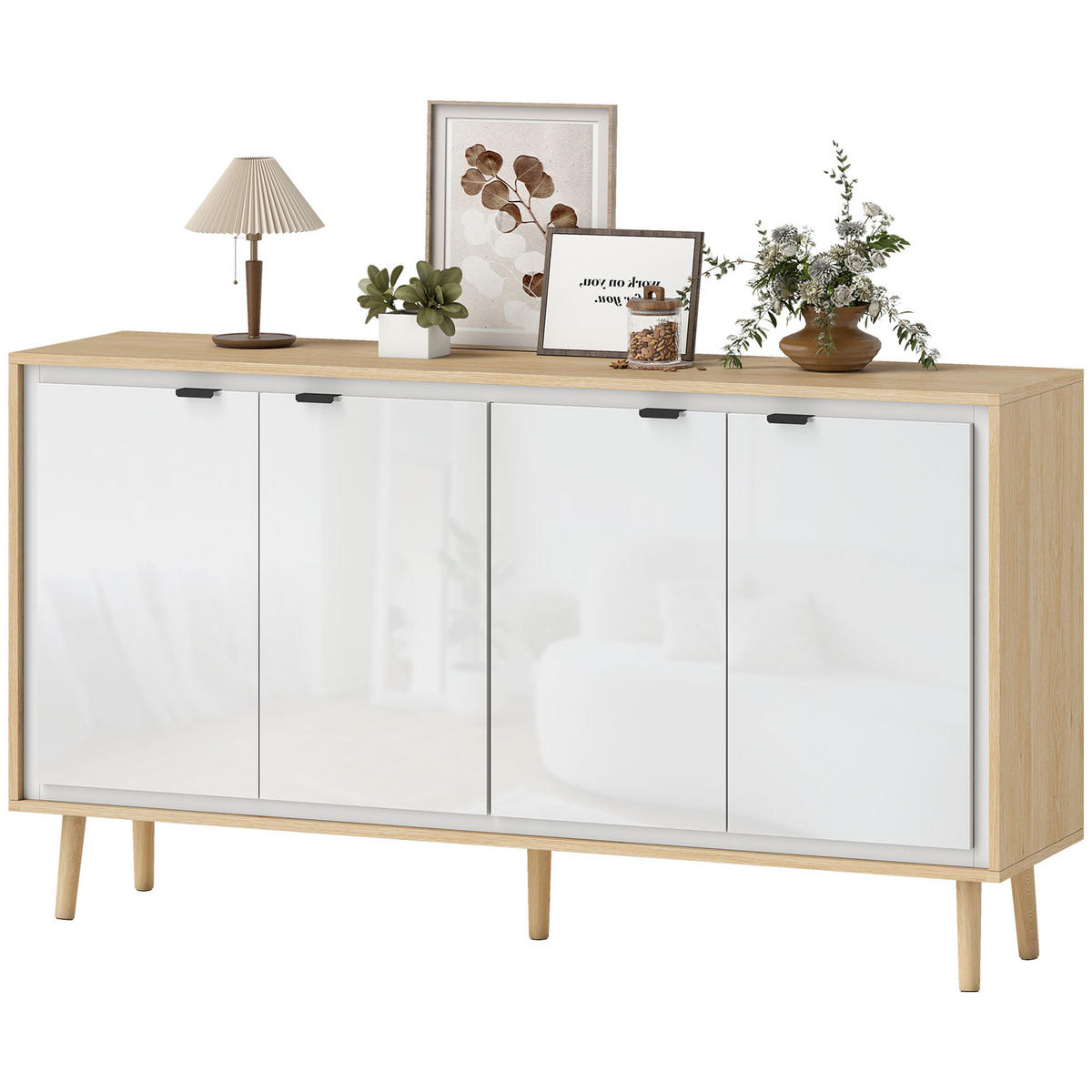 SIDEBOARD DE-11234 Hochglanz, 4 Türen & verstellbare Böden Weiß/Eiche - Weiß, Holzwerkstoff (141/77/35cm) - ComfortXL