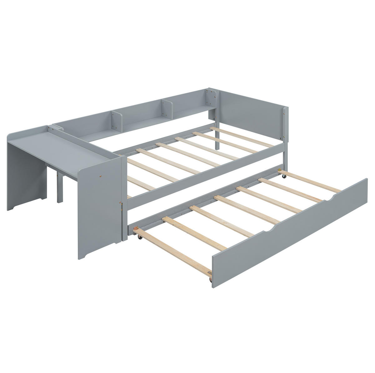 KINDERBETT 90/200 cm aus Kiefern mit Ausziehbett, Schreibtisch und 3 Regalen, Grau - Grau, Holzwerkstoff (90/200cm) - Redom