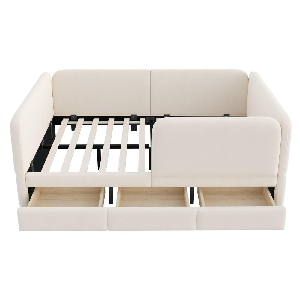 POLSTERBETT 140x200 cm mit Rundum-Sicherheitsumrandung & 3 Schubladen - Beige - Samt - ohne Matratze - Beige, Textil (140/200cm) - DELFA