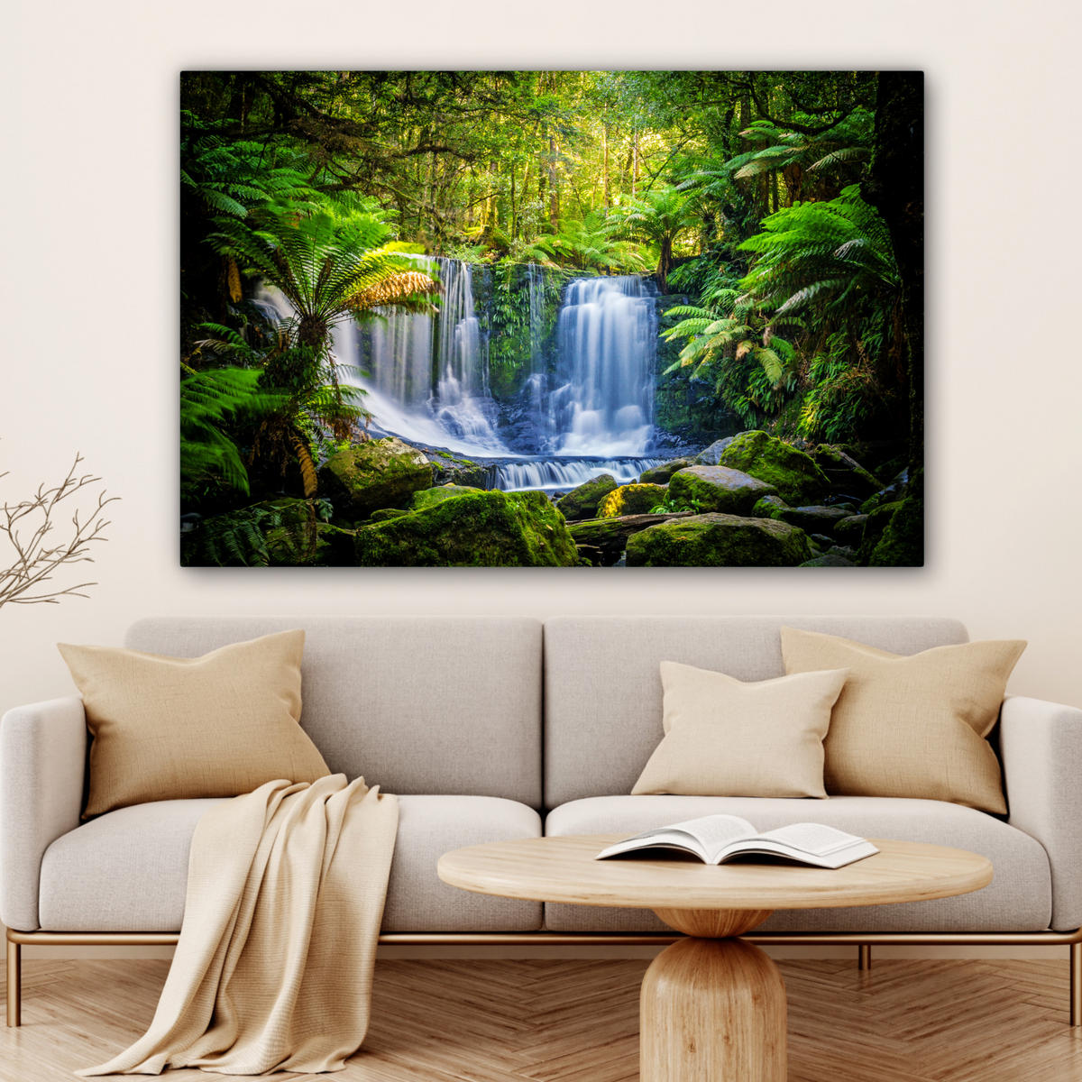 LEINWANDBILD Dschungel - Wasserfall - Australien - Pflanzen - Natur Wohnzimmer Groß 120x80 cm - Dunkelgrün, Textil (120/80cm) - MuchoWow