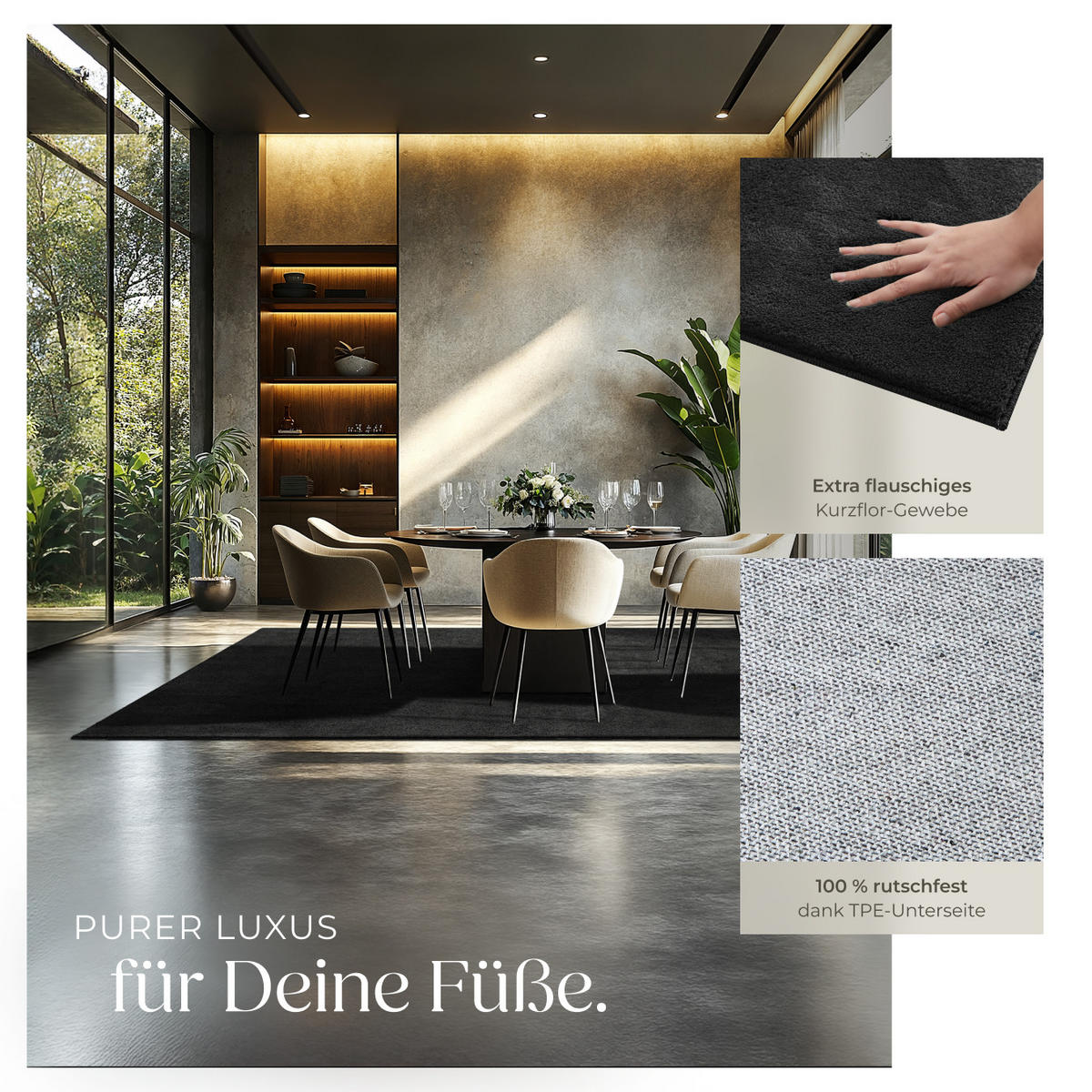 KURZFLORTEPPICH Soft Zone,rutschfeste Unterseite,schwarz - Schwarz, Kunststoff (290/200cm) - tectake