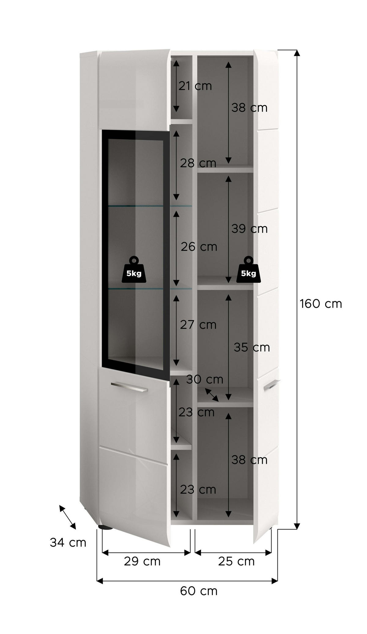 VITRINE ICE (B/H/T: ca. 60/160/34 cm) in Weiß/weiß hochglanz - Weiß, Holzwerkstoff (60/160/34cm)
