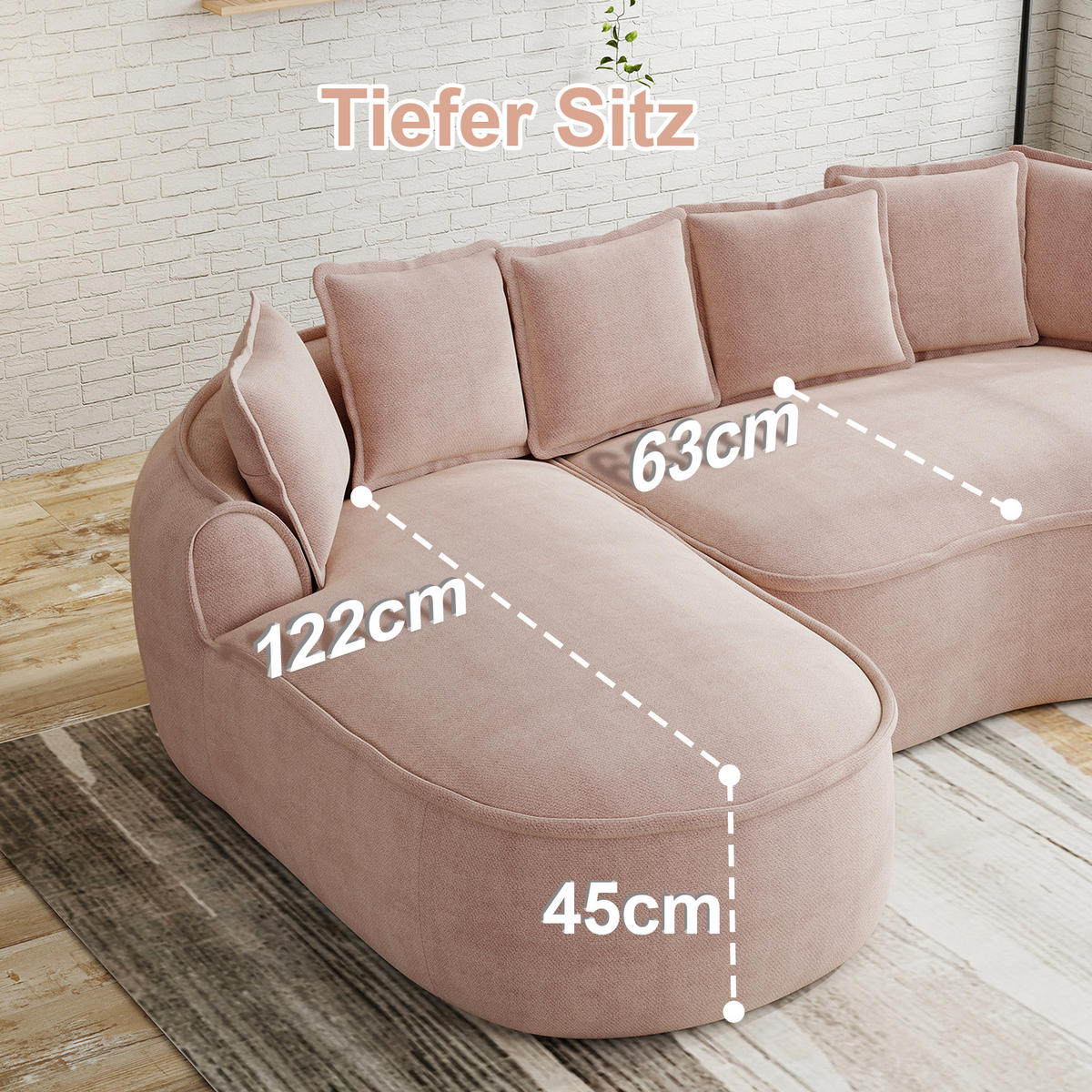 ECKSOFA chenille mit extra tiefer chaiselongue & rahmenlosem design - Pink, Textil (252/164cm) - Urban Meuble