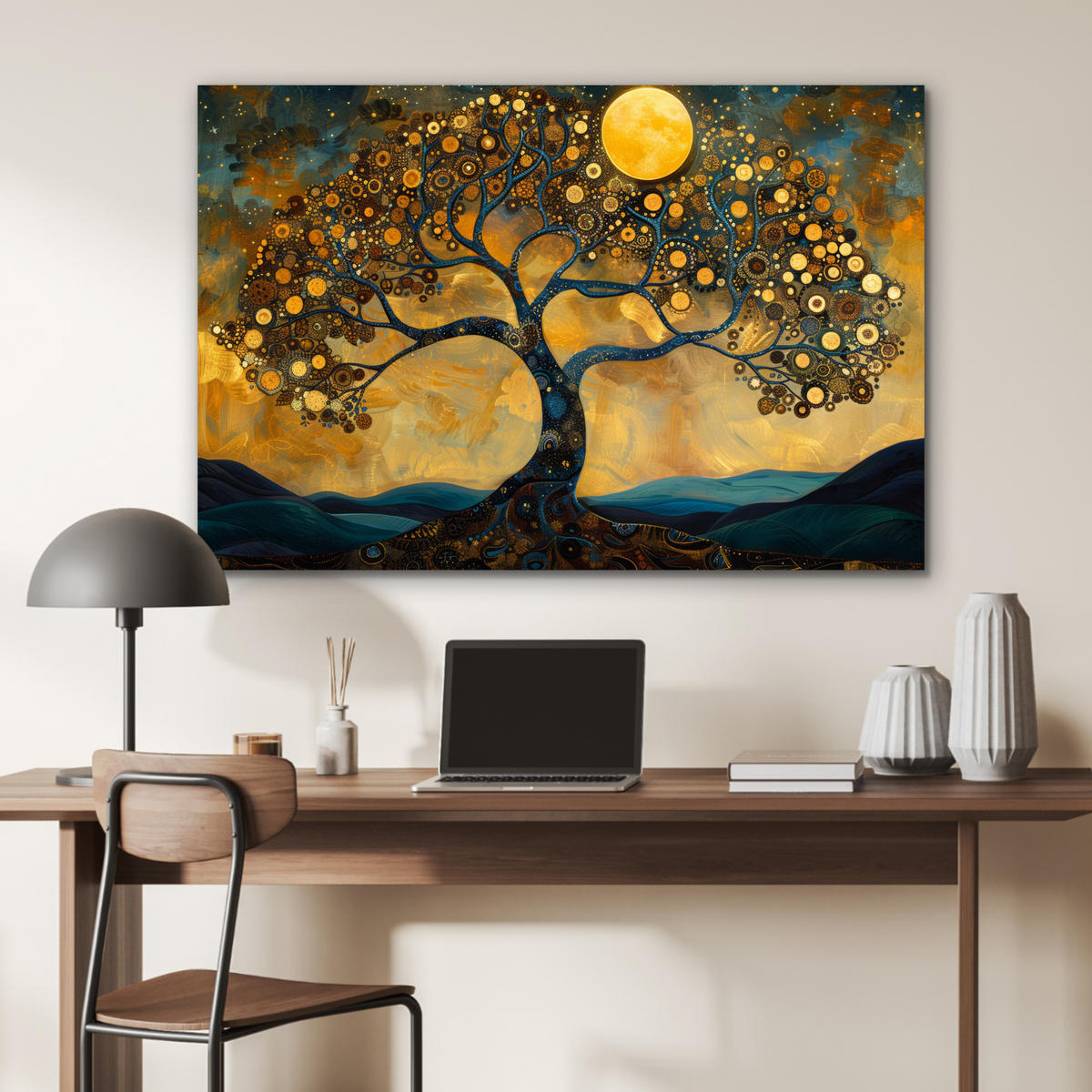 METALLBILD Baum - Mond - Blumen - Gold - Kunst 120x80 cm - Orange, Metall (120/80cm) - MuchoWow