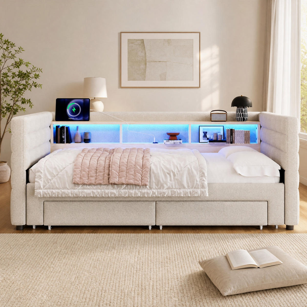 POLSTERBETT 90/190 mit Ausziehbett, LED, USB, Type-C und 2 Schubladen in Beige - Beige, Holzwerkstoff/Textil (90/190cm) - EVRYAE