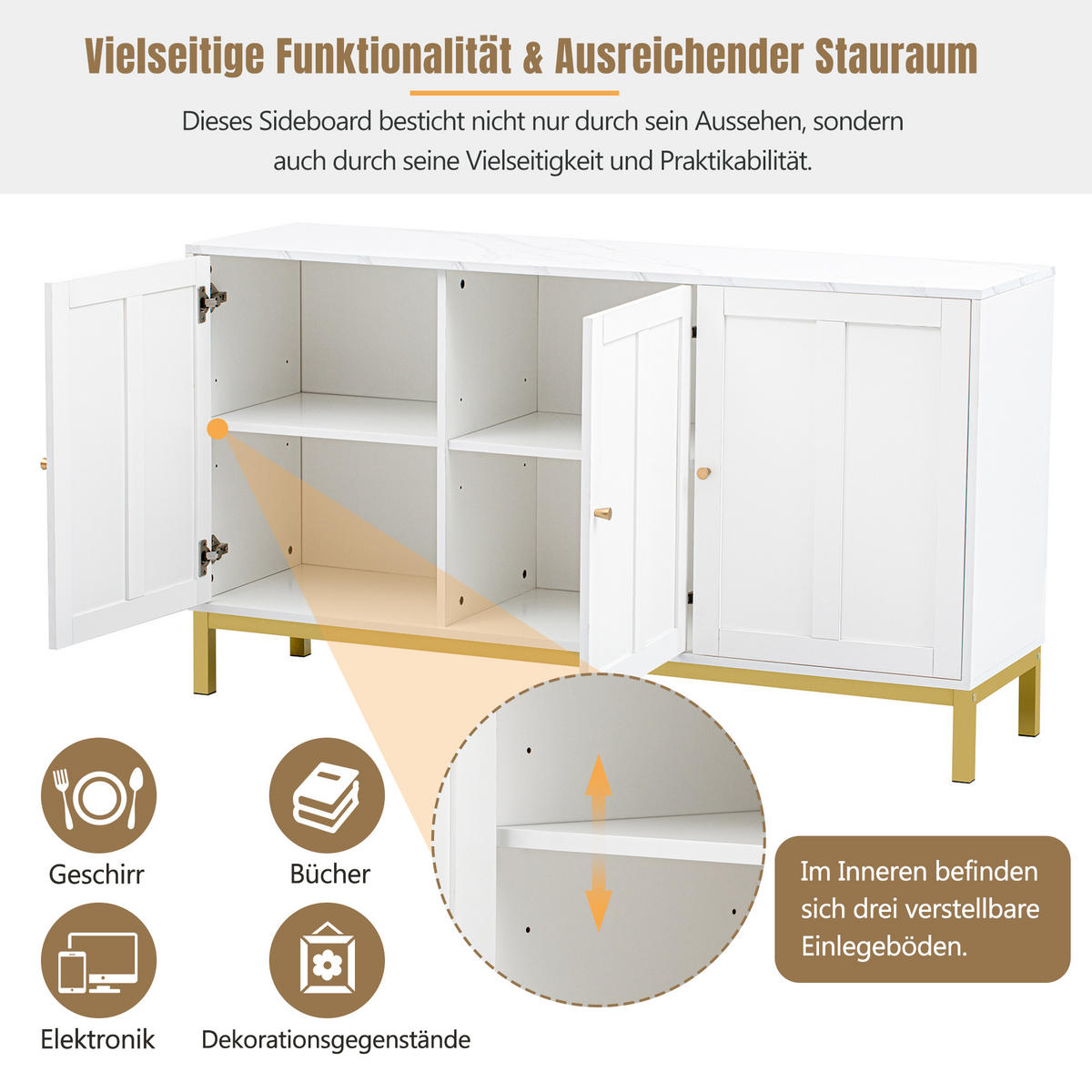SIDEBOARD 120 cm in Weiß Kommode mit 3 Designtüren & verstellbaren Fächern - Weiß, Holzwerkstoff (140/80/39.8cm) - Urban Meuble