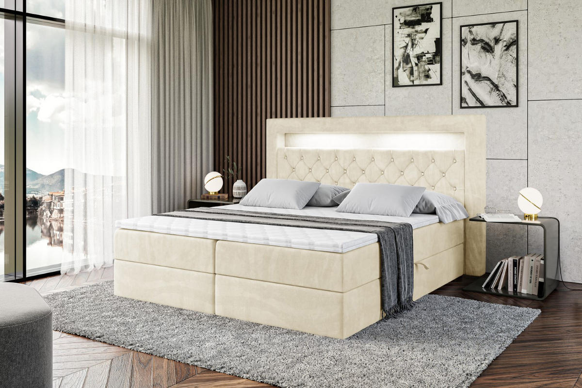 BOXBETT LED mit H4-Matratze und Lattenrost - NOEL GOLD - 120x200 Beige - Beige, Holzwerkstoff (120/200cm) - ALTDECOR