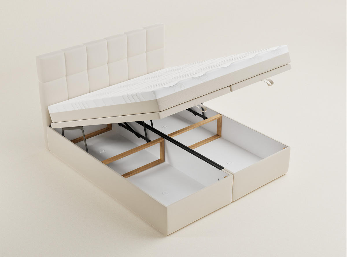 BOXBETT 180/200 cm Gotu M, in Hellbeige, Matratze, gepolstertes Kopfteil, Bettkasten, H3 = fest - Beige/Schwarz, Holz/Holzwerkstoff (180/200cm) - Maison de Reve