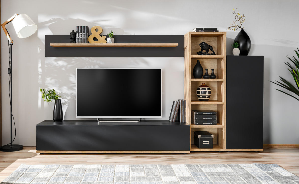 WOHNWAND schwarz, Ribbeck Eiche 240 cm, Schrankwand mit Push-to-Open - Eichefarben/Schwarz, Holzwerkstoff/Kunststoff (240/129/40cm) - Furn.Design