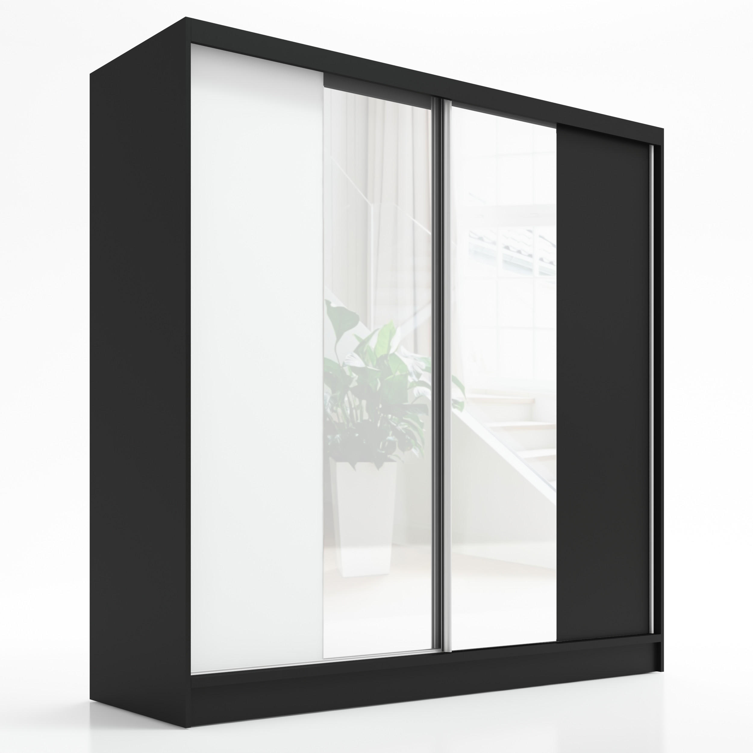 A&J MöbelLand Schwebetürenschrank Schwarz, Weiß, Schwarz 200x215x60 cm
