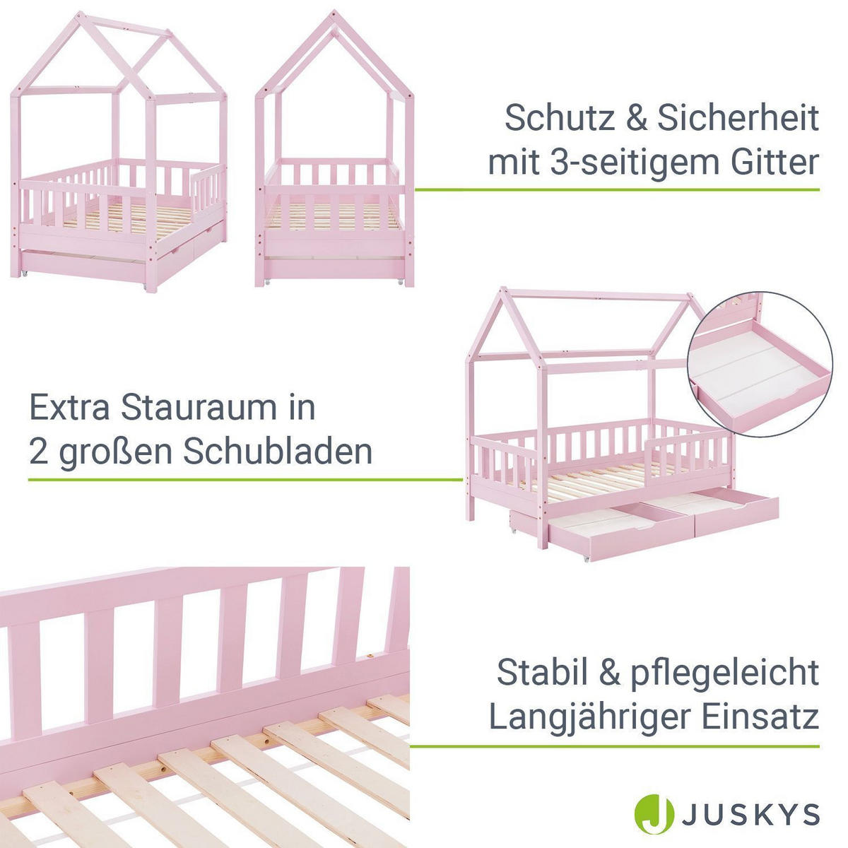 KINDERBETT Marli mit Matratze und Bettkasten rosa 90x200 cm - Rosa, Holz (90/200cm) - Juskys