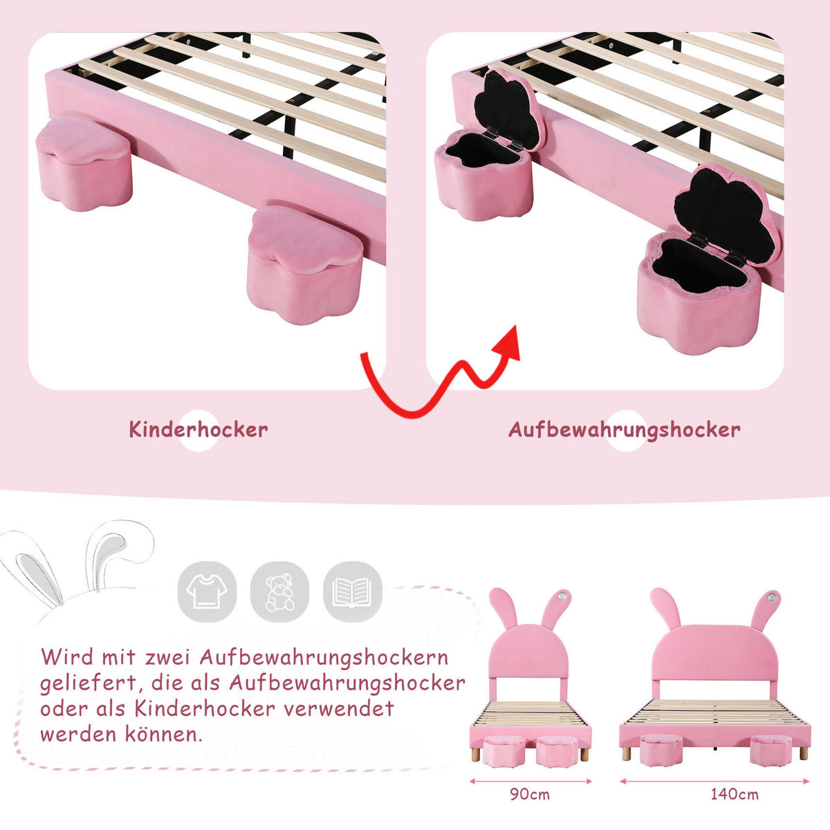SAMT-POLSTERBETT 90/200 cm in Rosa mit LED-Beleuchtung & verstellbarem Kopfteil - Rosa, Textil (90/200cm) - BEAOK