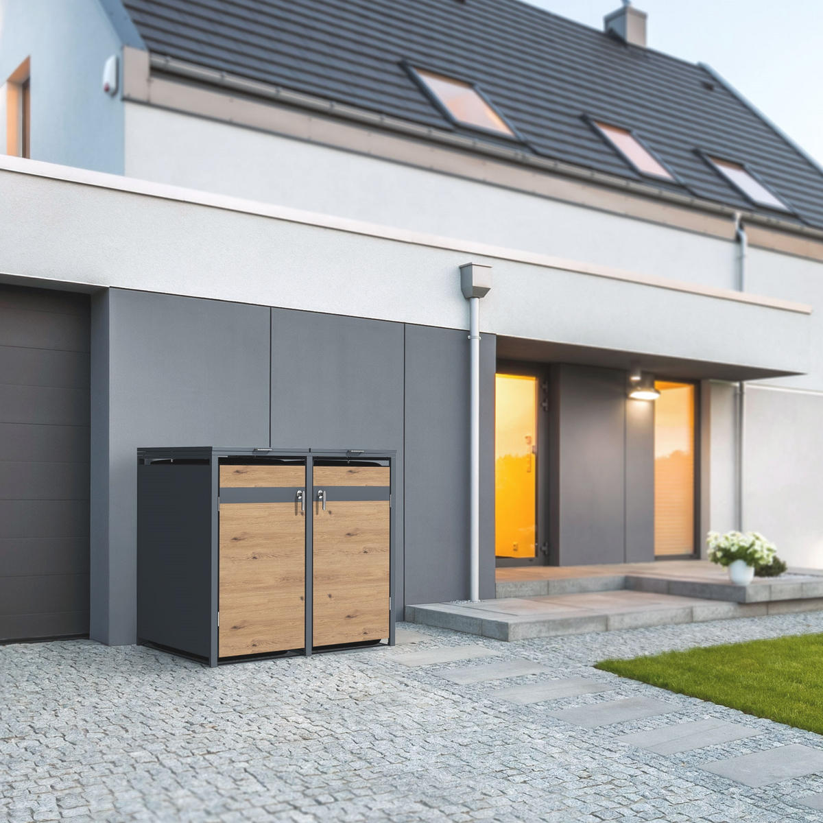 MÜLLTONNENBOX 4er Anthrazit-Eichenoptik - Braun, Metall (80/116.3/264cm) - ML-DESIGN