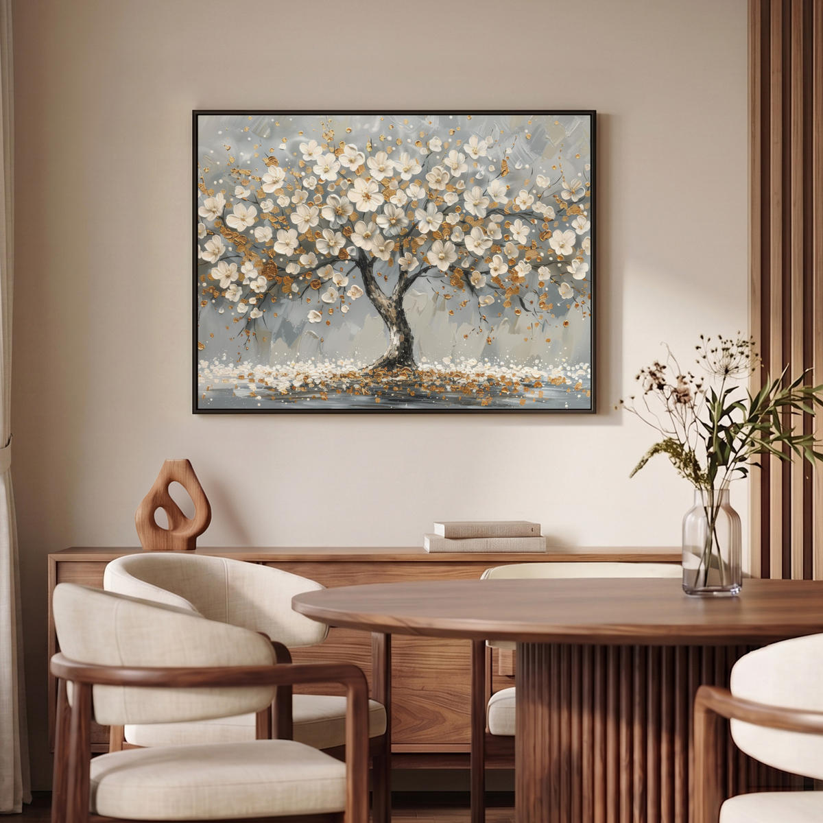 LEINWAND Bilder mit Rahmen - Baum - Blumen - Weiß - Natur - Kunst - 100x70 - Weiß, Textil (100/70cm) - MuchoWow