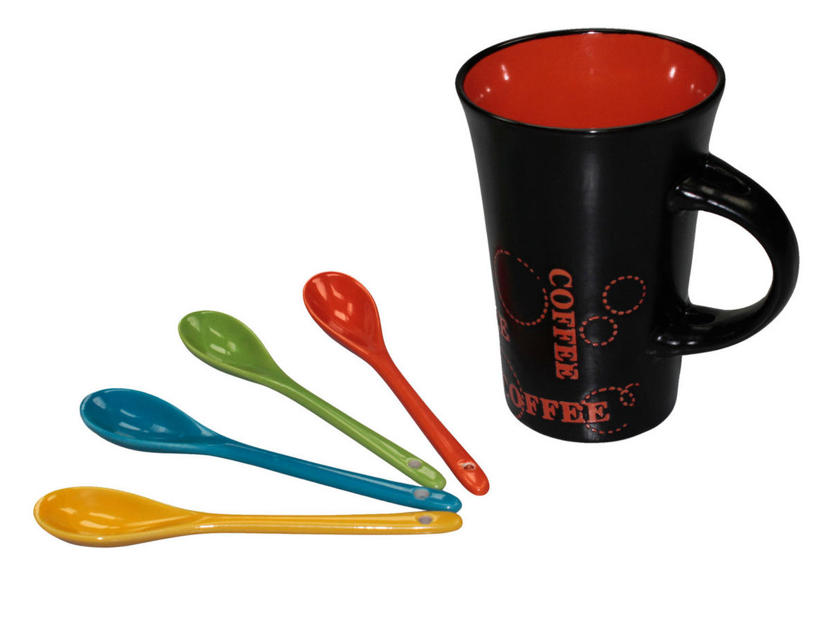 KAFFETASSEN 4er Set Keramik mit Löffel bunt 280 ml - Zwetschgefarben, Keramik (0.28L) - TiborTex