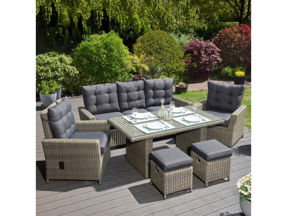 GARTEN-SITZGRUPPE Asti Braun Polyrattan für 7 Personen - Grau, Naturmaterialien - Green Spirit