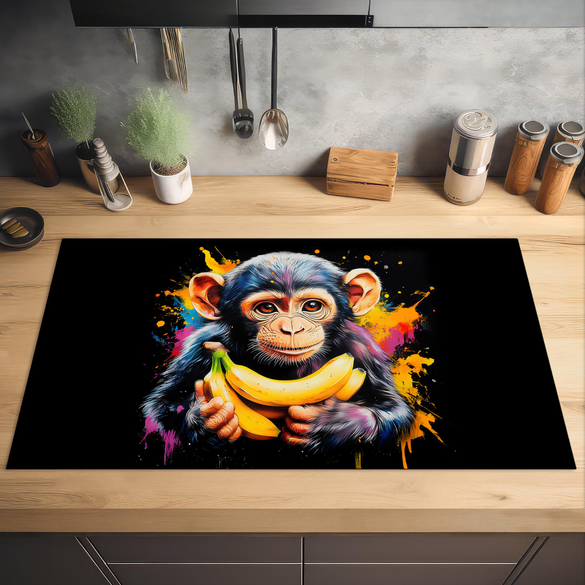 HERDABDECKPLATTE Affe - Graffiti - Farbenfroh - Bananen - Modern 91x52 cm - Gelb, Kunststoff (91.6/0.2/52.7cm) - MuchoWow