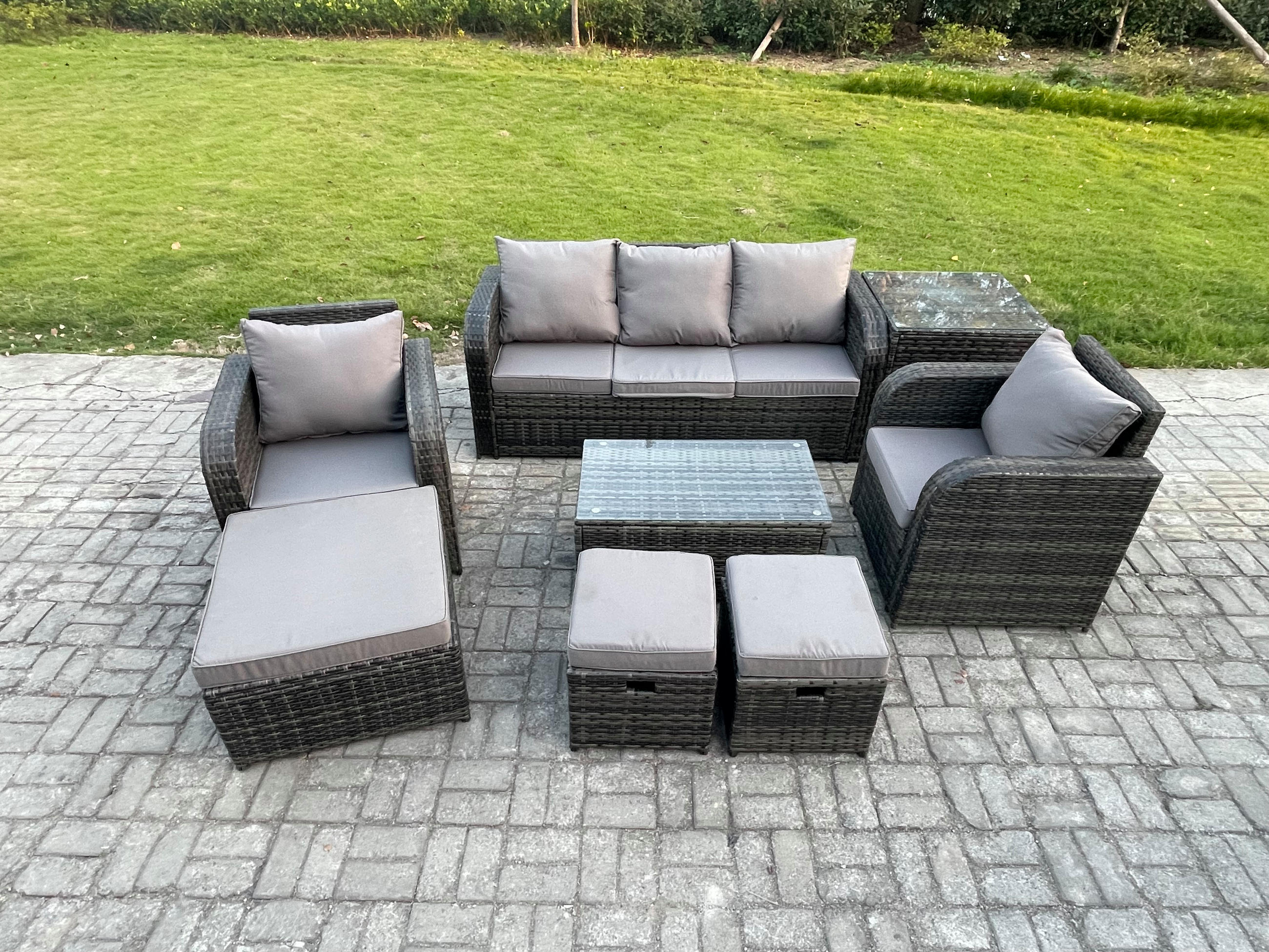 GARTENMÖBELSET mit Couchtisch Polyrattan 8-Sitzer - Dunkelgrau/Grau, Glas/Kunststoff - Fimous