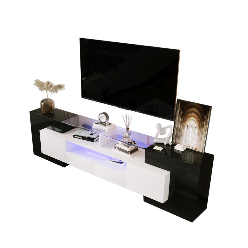 Modfu TV stolek z dřevotřísky a MDF 200x35x60 cm černá/bílá s LED osvětlením, skleněným povrchem a úložným prostorem