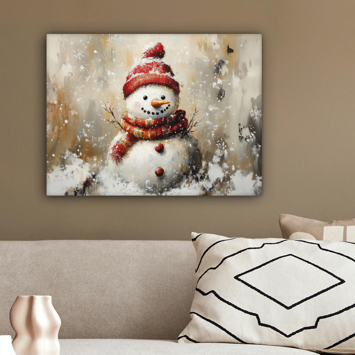 LEINWANDBILD Schneemann - Winter - Schnee - Beige 40x30 cm - Weiß, Textil (40/30cm) - MuchoWow