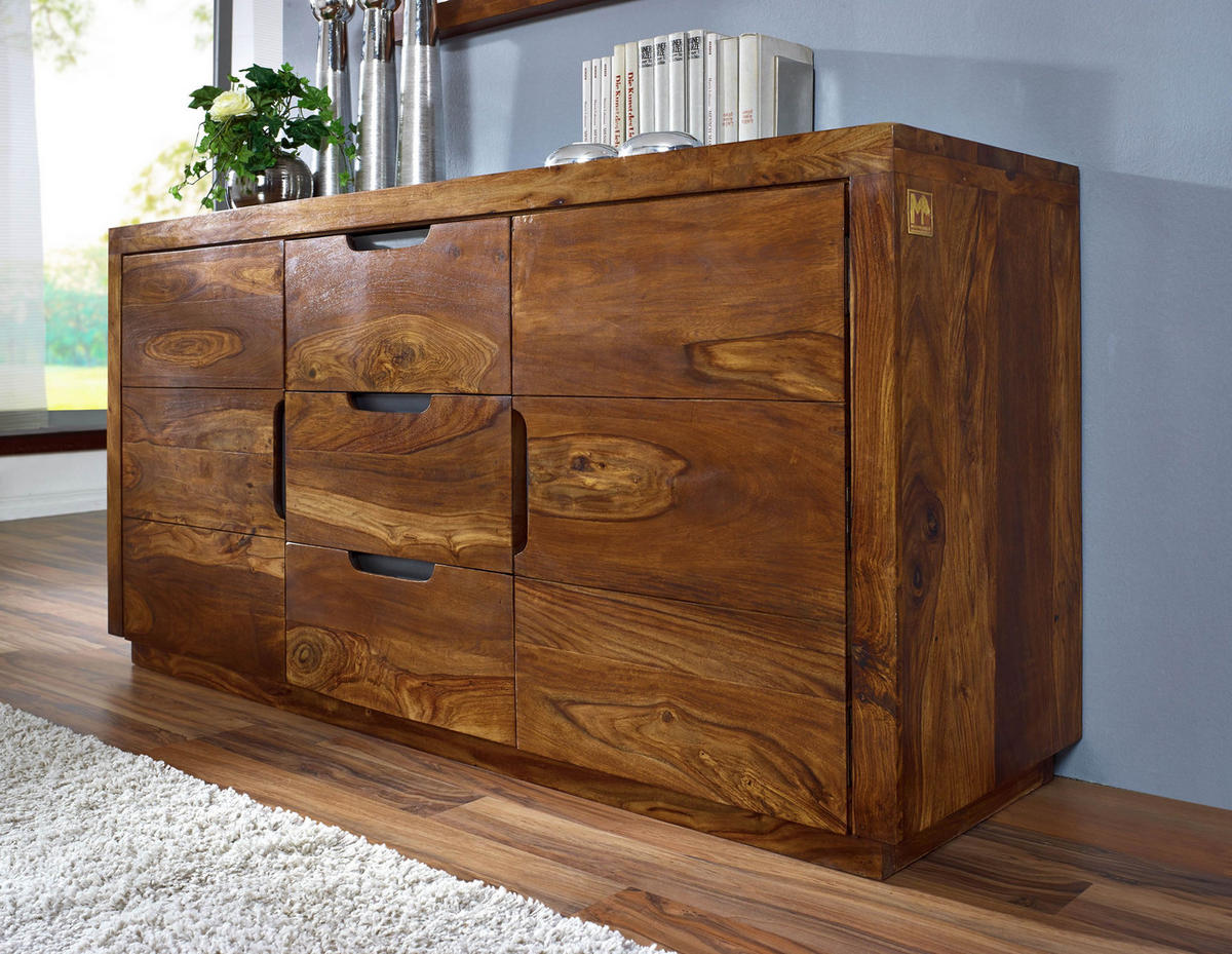 SIDEBOARD Sheesham 150x45x75 walnuss lackiert DUKE #125 - Dunkelbraun, Holzwerkstoff (150/75/45cm) - Massivmoebel24