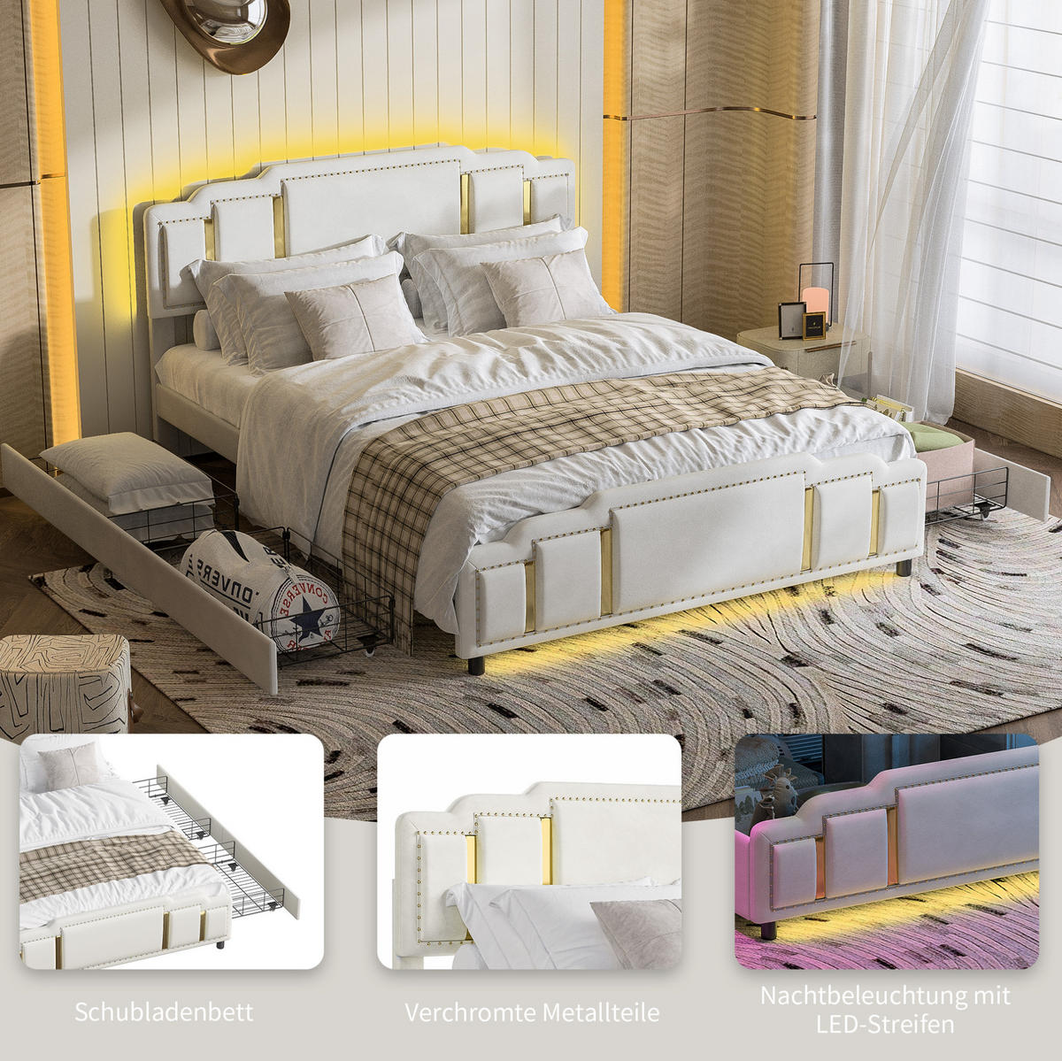 POLSTERBETT 160/200 cm aus Samt mit LED-Beleuchtung und 4 Schubladen Beige - Beige, Textil (160/200cm) - Modenvie