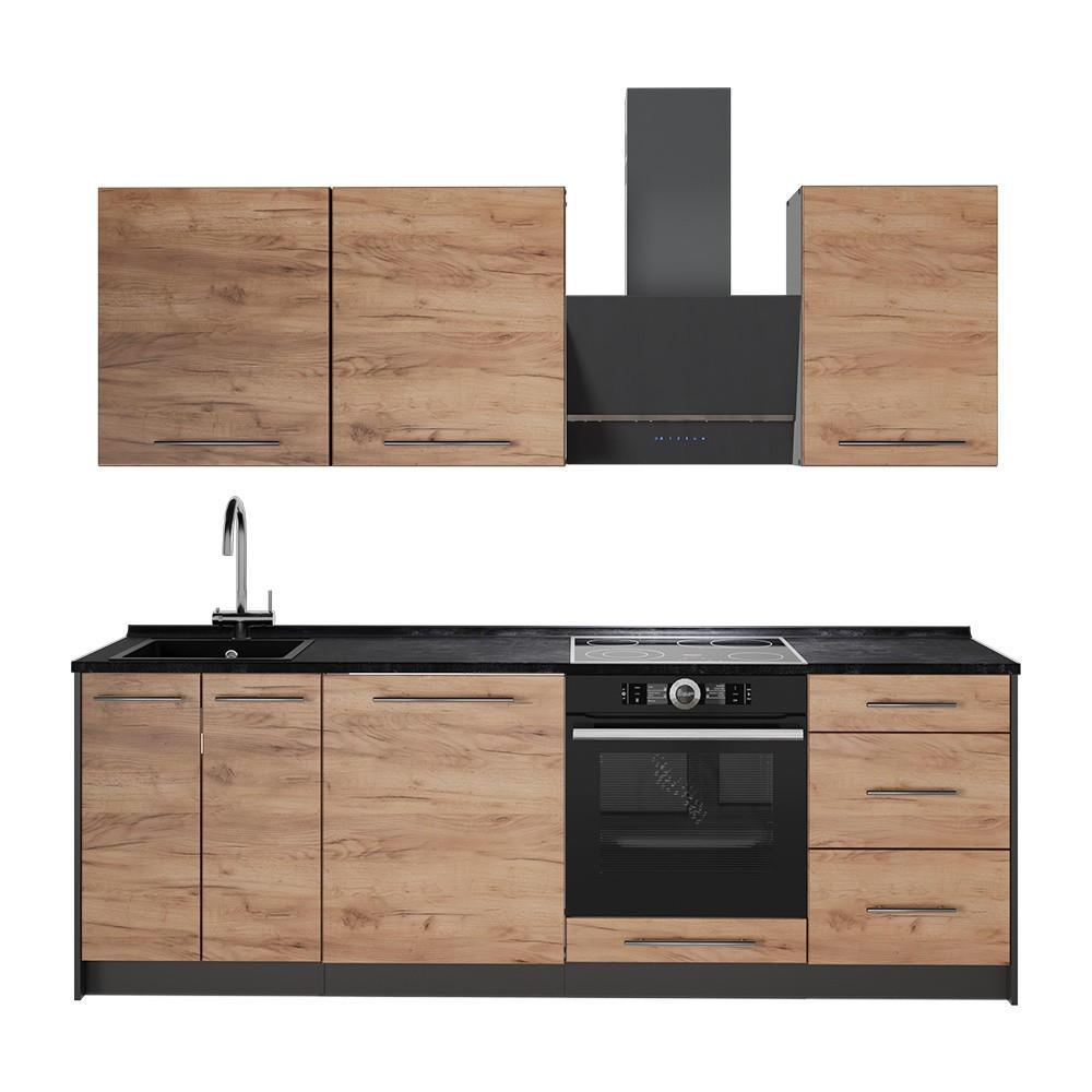 KÜCHENZEILE Fame-Line, Goldkraft Eiche/Weiß, 230 cm ohne Arbeitsplatte - Honigeiche/Weiß, Holzwerkstoff (230/82/51.6cm) - Vicco