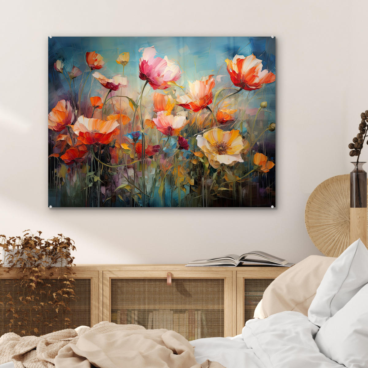 ACRYLGLASBILD Blumen - Aquarell - Kunst - Botanisch - Natur 80x60 cm - Orange, Glas (80/60cm) - MuchoWow
