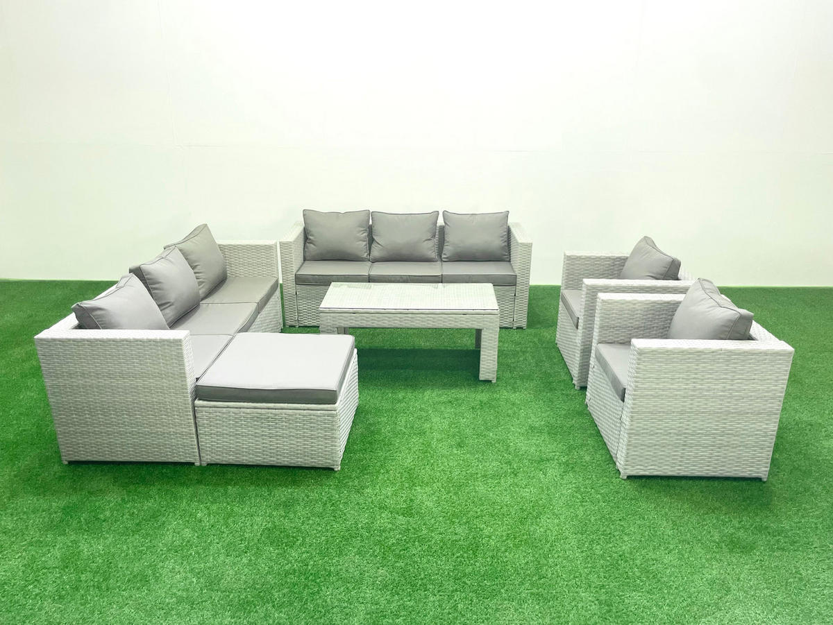 GARTENSOFA hohe Rückenlehne Polyrattan Hellgrau-Mix 9-Sitzer - Hellgrau/Grau, Glas/Kunststoff - Fimous