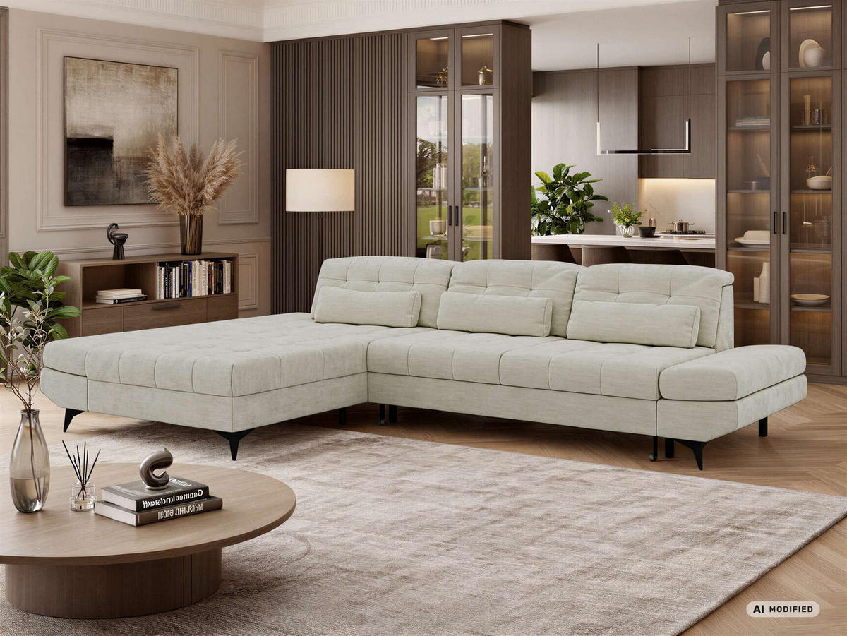 ECKSOFA ALVENO L - Creme Schenille glatt - Links Seite - Creme/Schwarz, Textil/Metall (218/344cm) - MKS