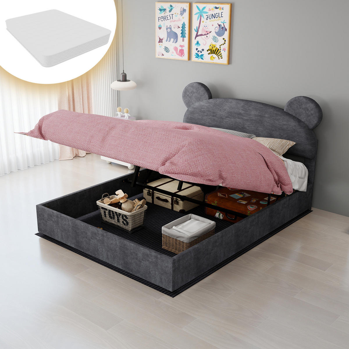 POLSTERBETT 140/200 cm mit Bettkasten, Samtbezug und Matratze, Grau - Grau, Textil (140/200cm) - Redom