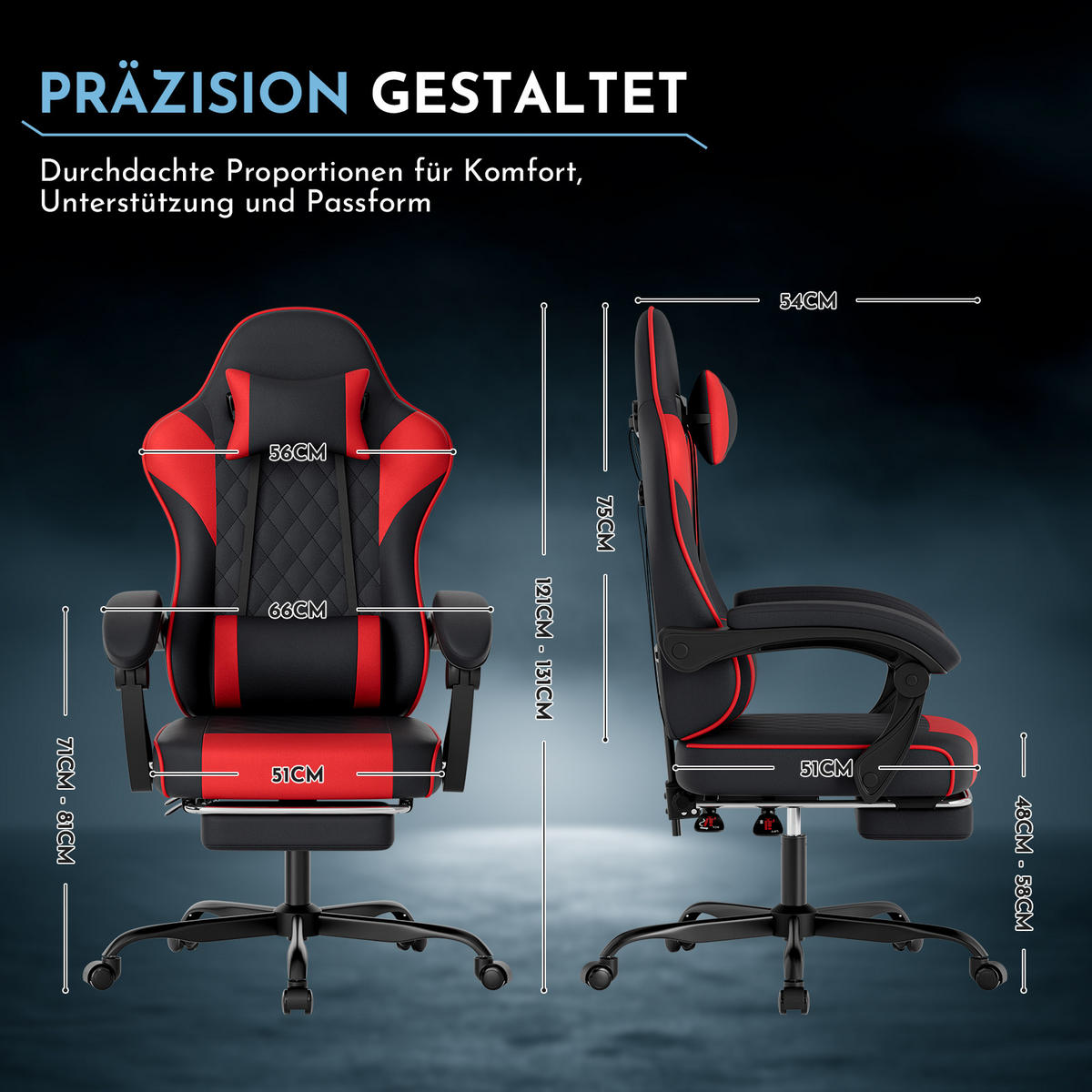 GAMINGSTUHL DE-40998 mit Lordosenstütze und Fußstütze Schwarz/Rot - Rot, Metall (58.5/120.5/63cm) - ComfortXL