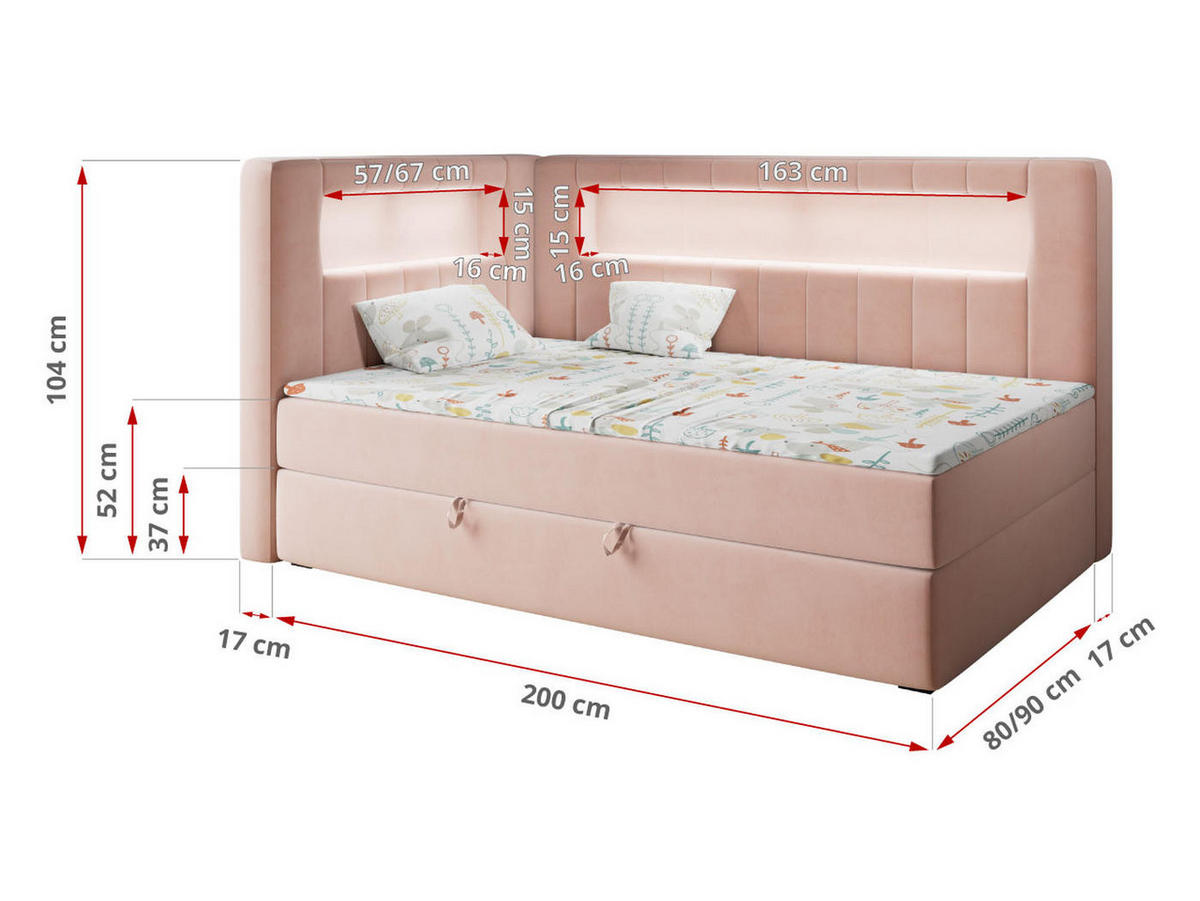 BOXSPRINGBETT JUNIOR GOLD 3 90/200 Rosa - rechte Seite - Rosa, Holz/Textil (90/200cm) - MKS