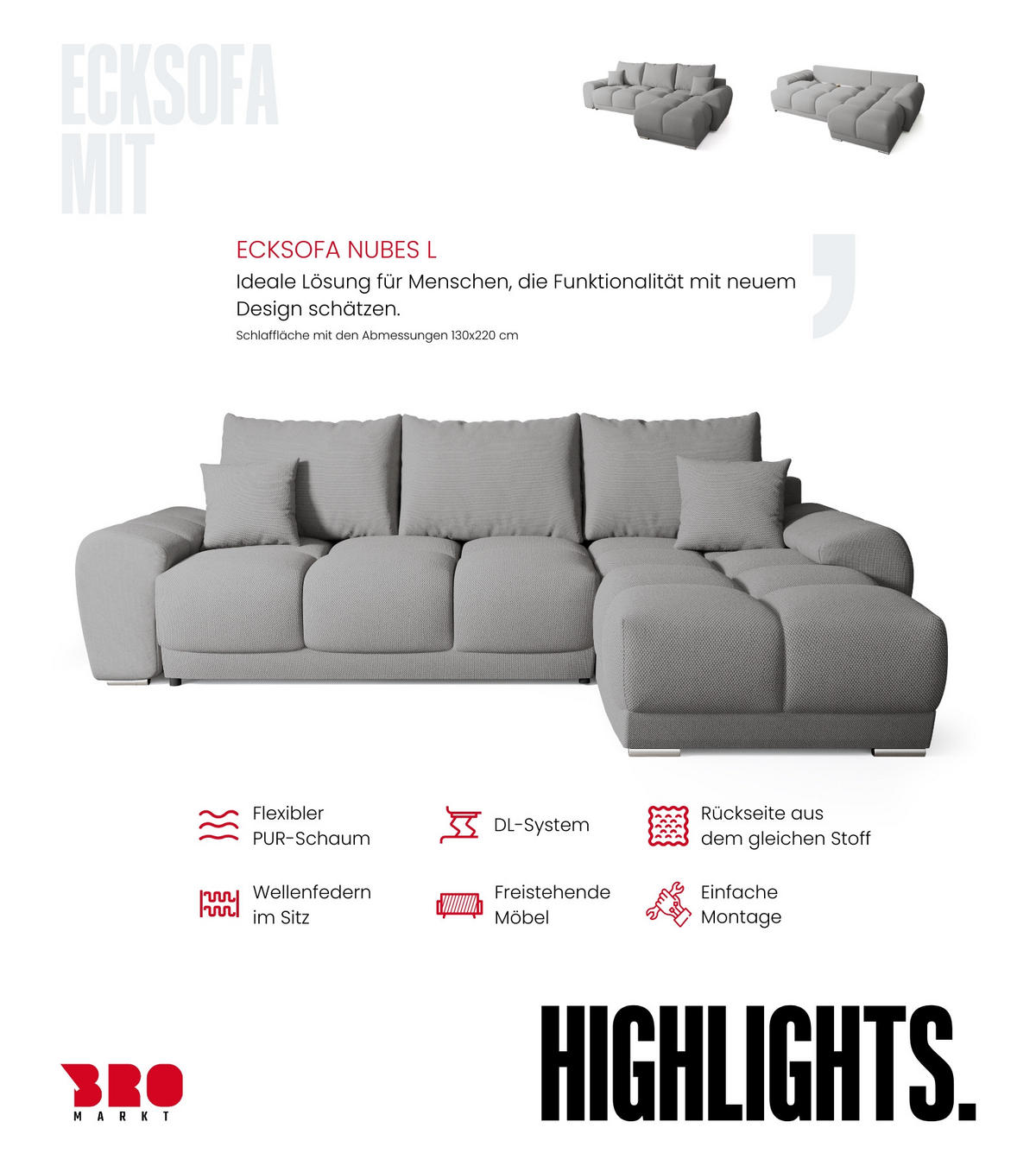 ECKSOFA Nubes mit Schlaffunktion Grau - Dunkelgrau/Silberfarben, Kunststoff/Textil (290/180cm) - Bromarkt