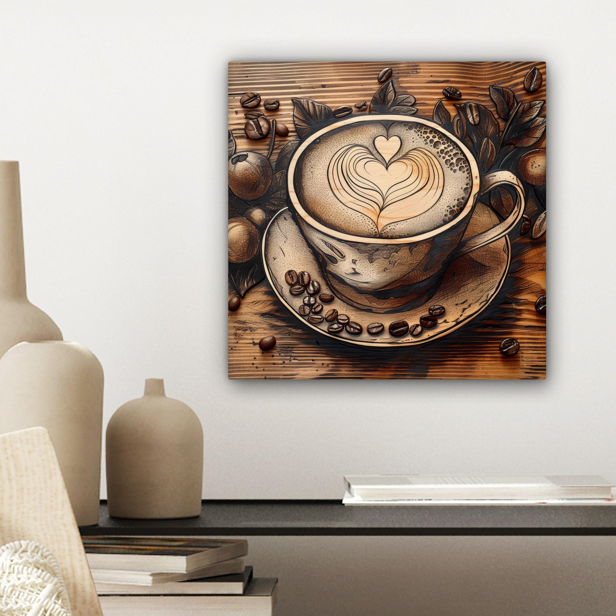 LEINWANDBILD Kaffee - Vintage - Braun - Tasse - Holz 20x20 cm - Braun, Textil (20/20cm) - MuchoWow