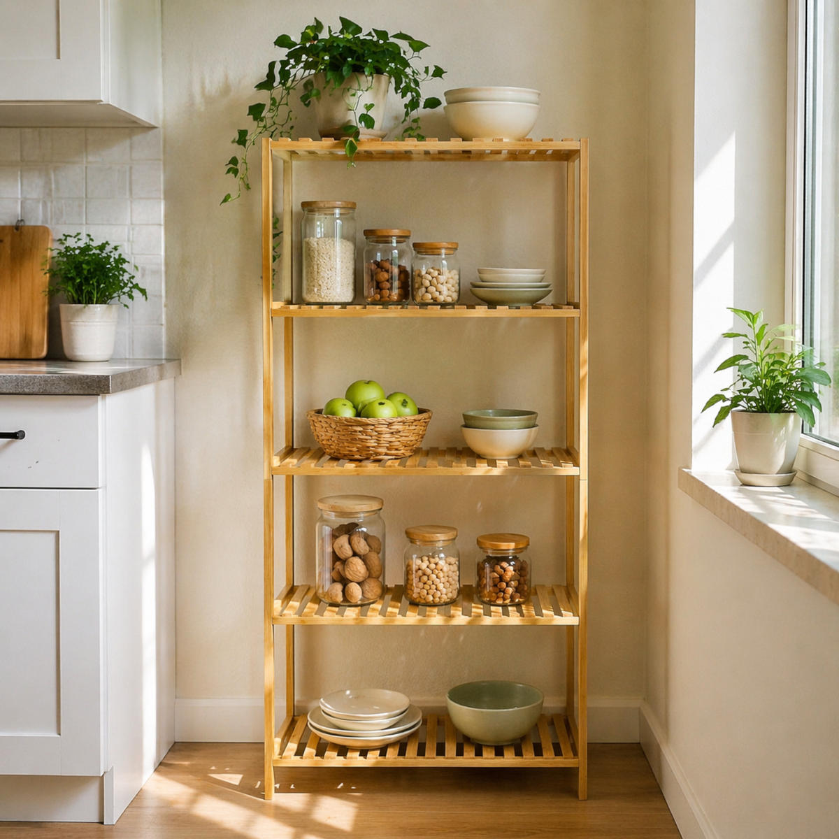 REGAL Bambus Naturfarben Badezimmerregal 5 Ebenen 60x26x130 cm - Naturfarben, Holz (26/130/60cm) - Begryf