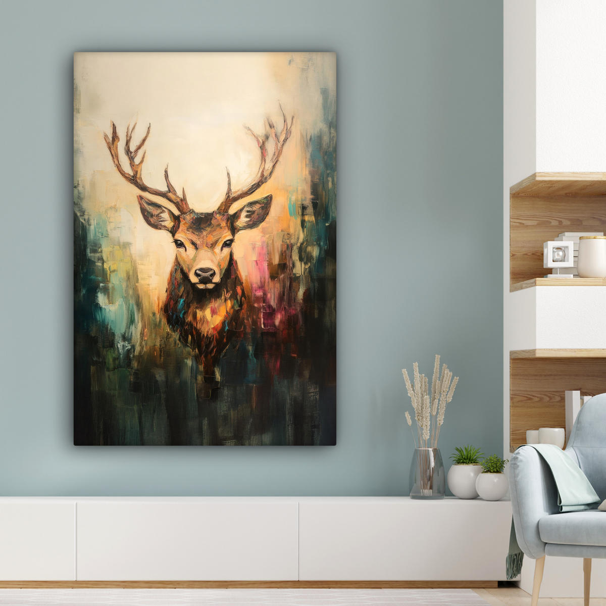 LEINWANDBILD Hirsch - Gemalt - Geweih - Braun Deko XXL 80x120 cm - Haselnussfarben, Textil (80/120cm) - MuchoWow