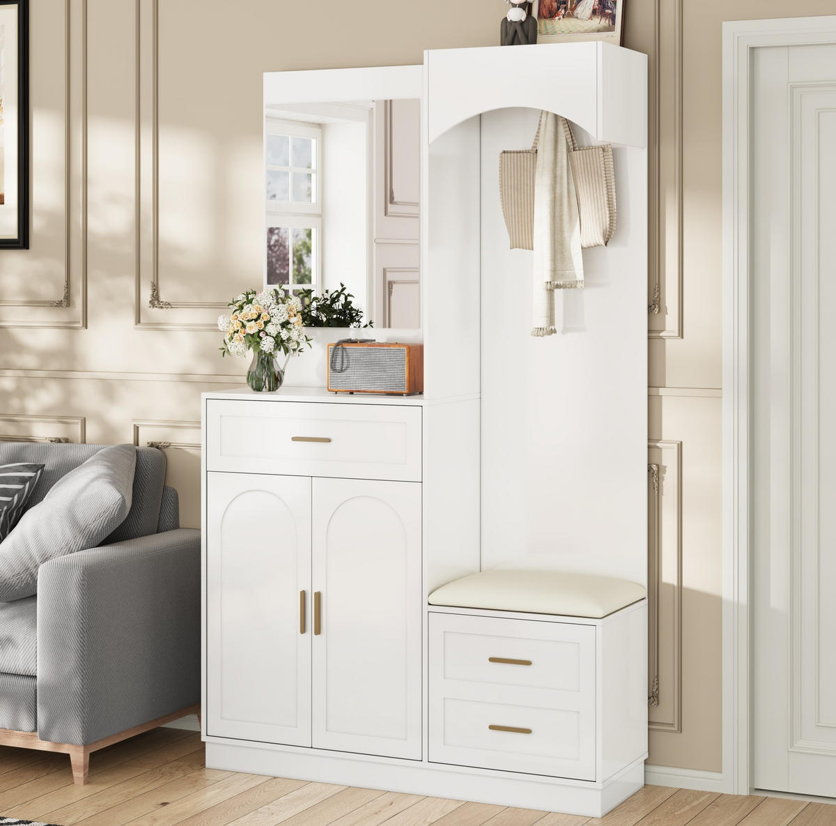GARDEROBE mit Schuhschrank und Spiegel 110 x 33 x 185,5 cm Weiß - Weiß, Holzwerkstoff (33/185.5/110cm) - Beauniv
