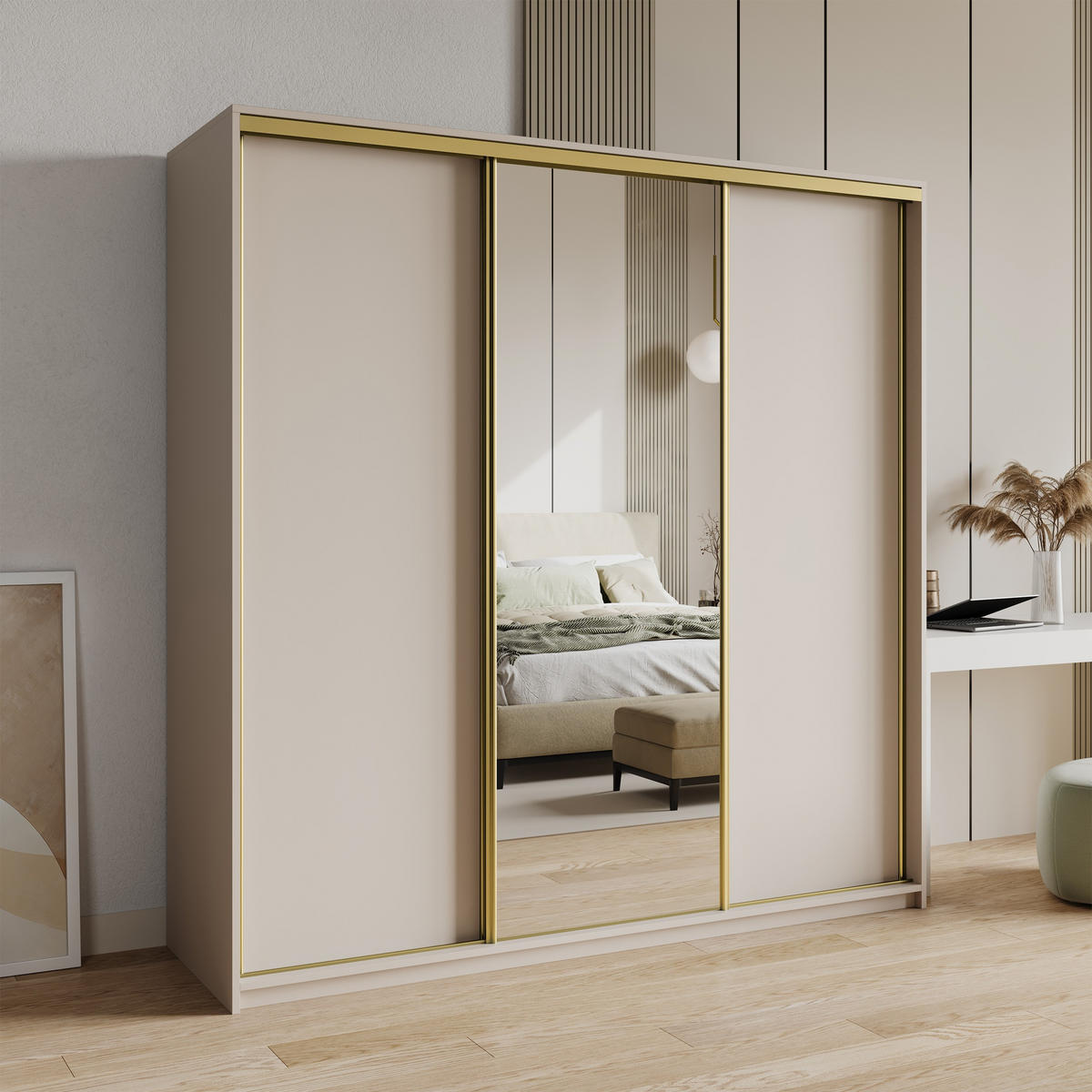 SCHWEBETÜRENSCHRANK TAVI 180/205/60 cm 3-türig mit Spiegel und Schubladen Kaschmir - Kaschmir/Goldfarben, Holzwerkstoff (180/205/60cm) - MASSENO
