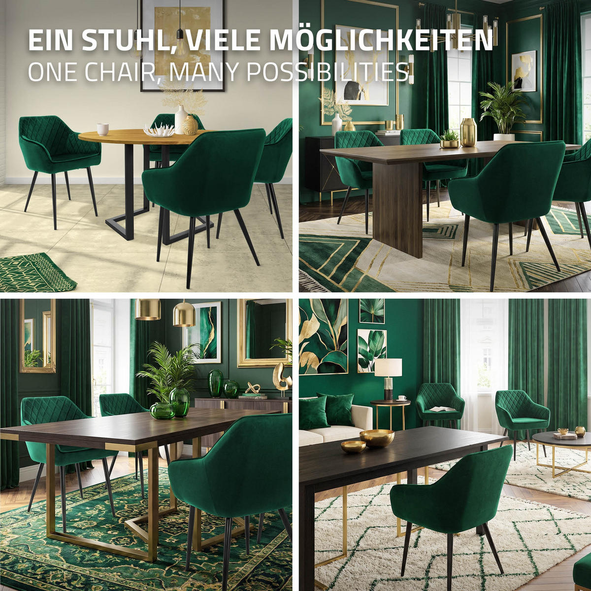 ESSZIMMERSTUHL 6er Set Dunkelgrün Samt - Dunkelgrün/Schwarz, Textil/Metall (63/80/60cm) - ML-DESIGN
