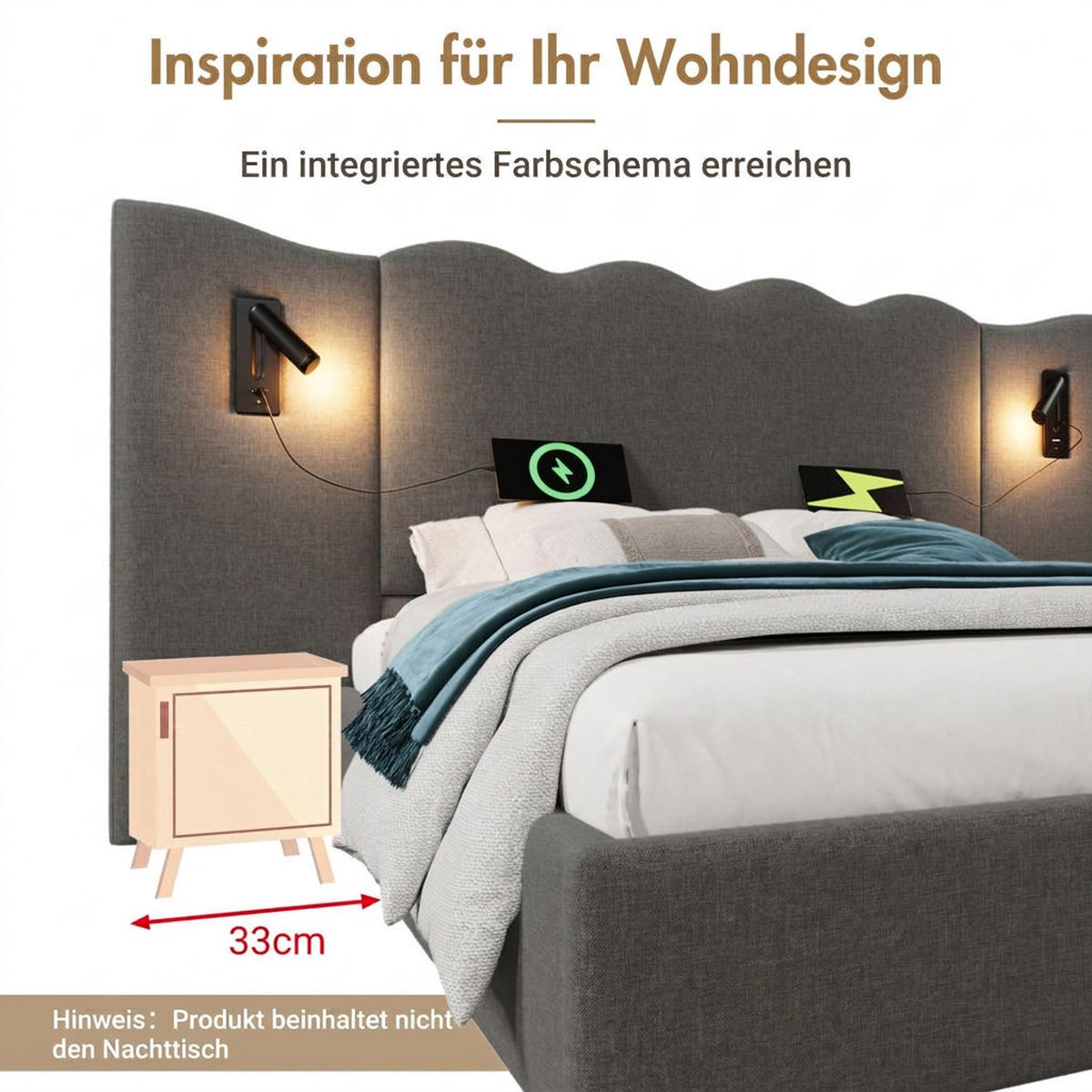 POLSTERBETT 160/200 cm Grau mit Leselampe und USB Type-C Ladefunktion - Grau, Textil (160/200cm) - Oxeza