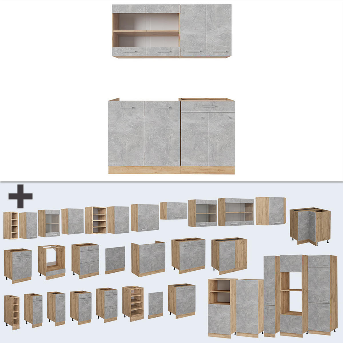 SINGLE KÜCHE R-Line Beton/Goldkraft Eiche 140 cm ohne Arbeitsplatte - Schieferfarben/Eiche Wotan, Holzwerkstoff (140/81.6/46cm) - Vicco
